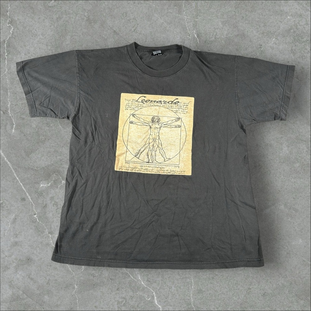 Vintage Leonardo Da Vinci Shirr Mens Large Black 90s Y2K Art The Virtuvian Man‎